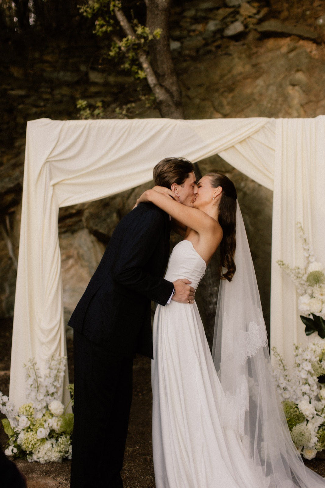 Newlyweds during their wedding reception at Palazzu Nicrosi in Corsica