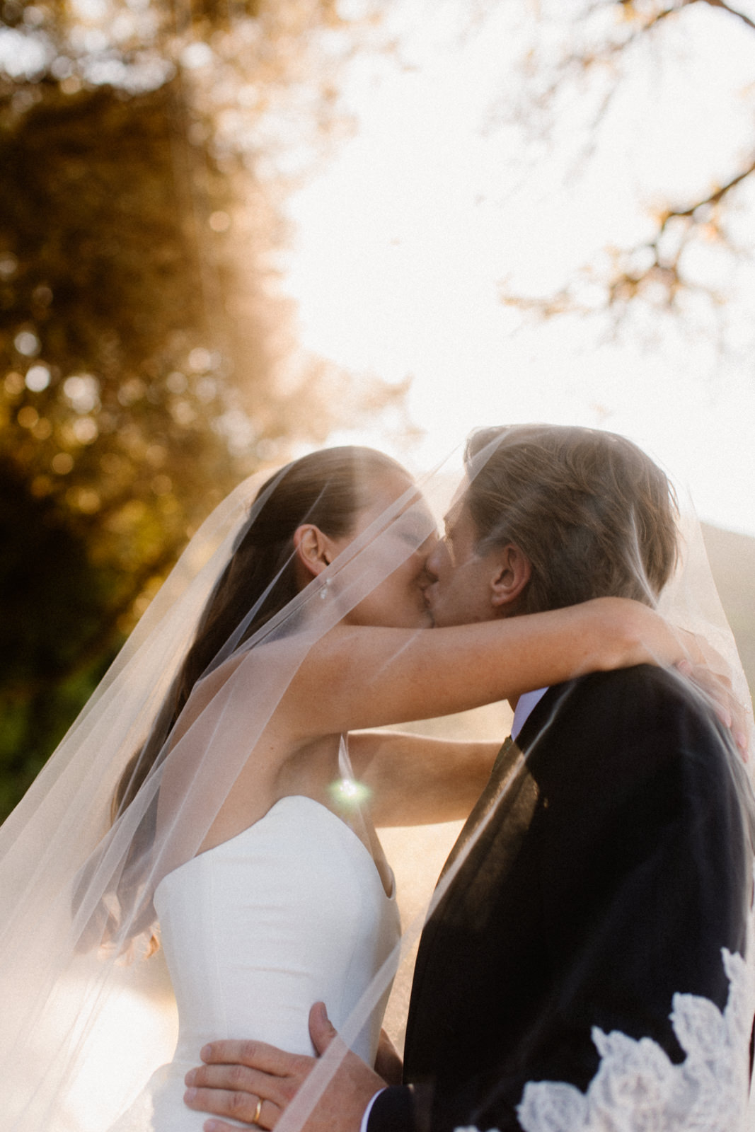 Bride in the gardens of Palazzu Nicrosi in Corsica, film photography